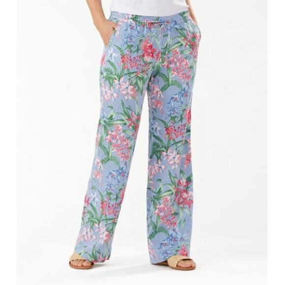 Tommy Bahama Orchid Isle Stripe Linen Easy Pants Tropical Floral Blue Size Small - Picture 2 of 10